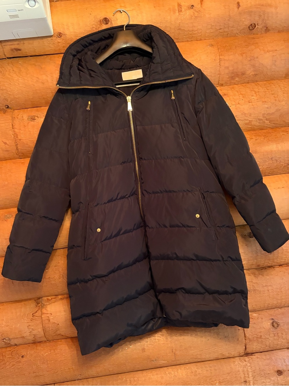 Michael Kors Black Long Puffer Coat with Gold Hardware Detachable Faux Fur hood